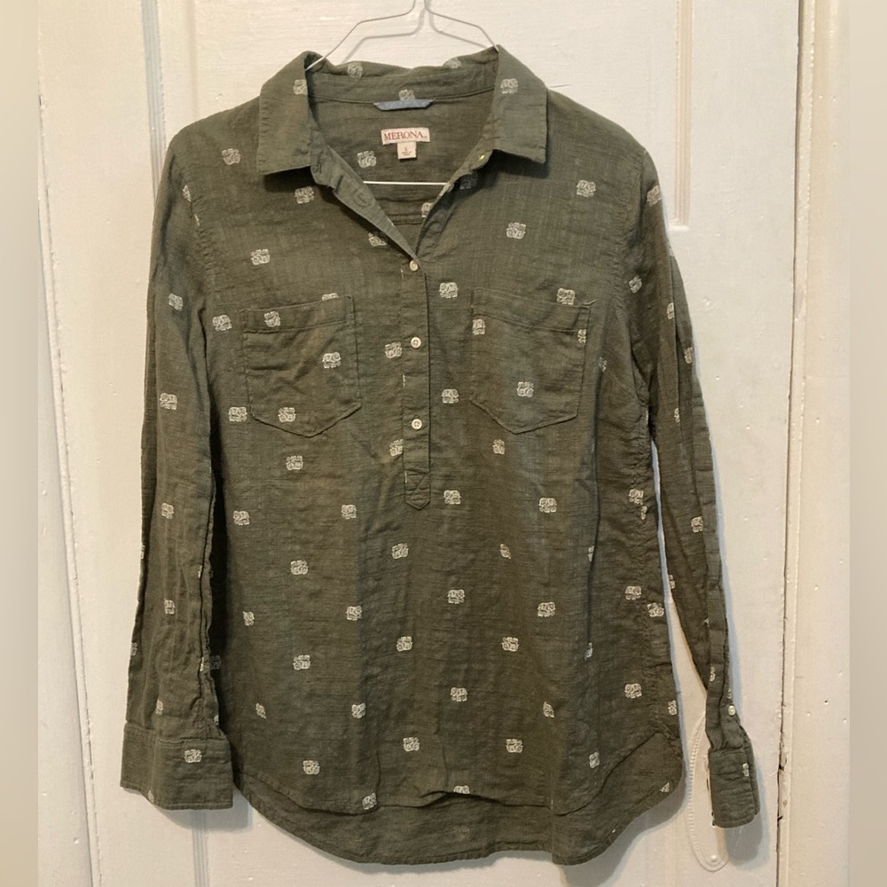 Merona Green Collar Button Down Cotton Shirt with Elephants - Picture 3 of 11